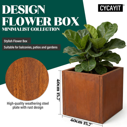 Cycayit Modern Corten Steel Planter 16” Cube, 1.5mm Heavy Duty Rust Finish Square Planter Box with Drainage Hole, Decorative Outdoor Metal Planter for Patio, Balcony, Entryway, Garden Decor