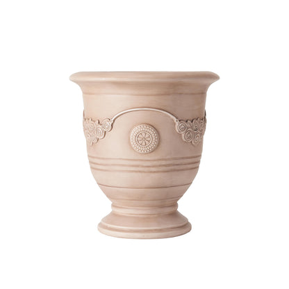 Christopher Knight Home Rewol Round Concrete Planter Set of 2, 2 Pack Garden Flower Pot with Drainage Hole, Floral Relif Patio Urn Planter for Outdoor Plants, Outdoor Planter Box, No Assembly, Beige