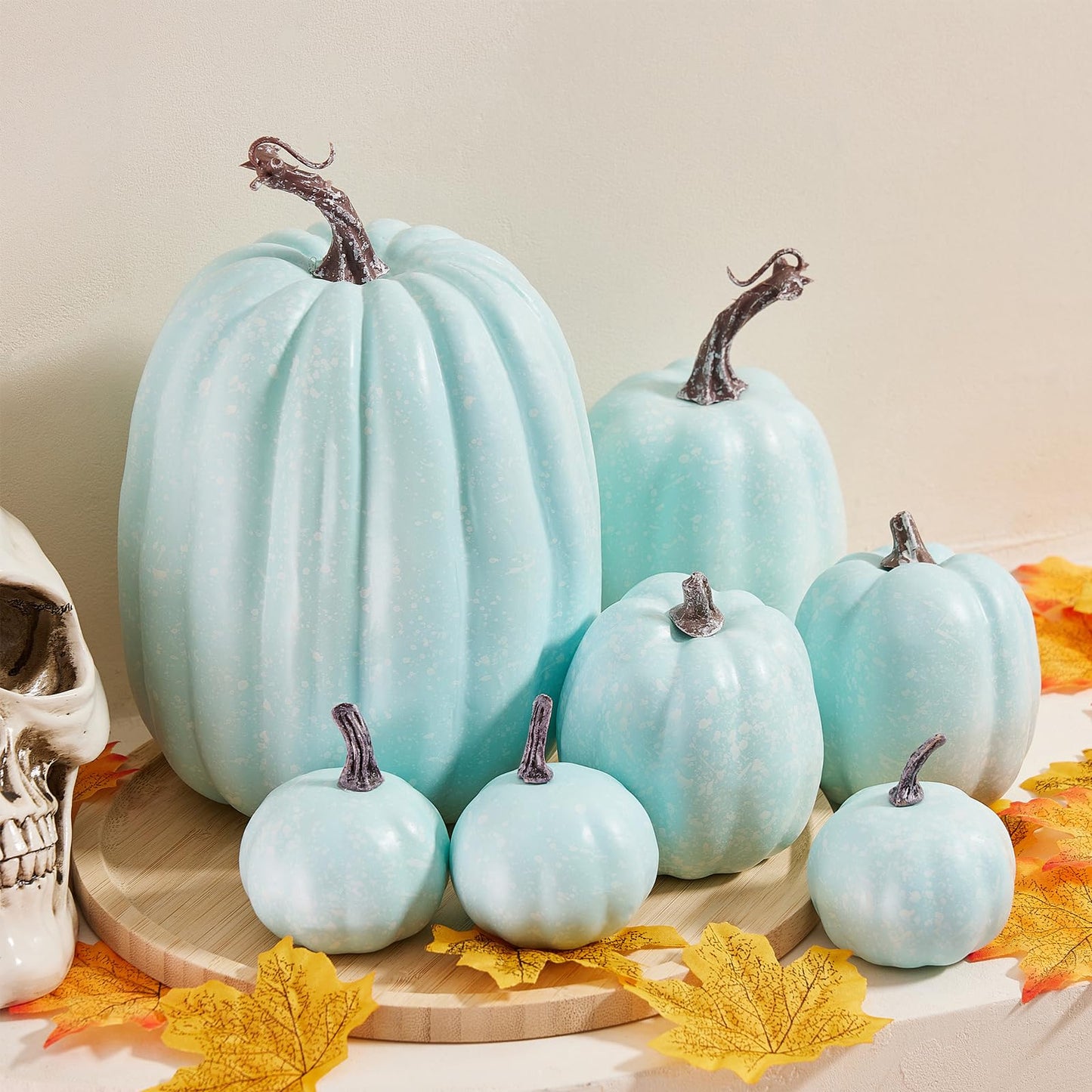 Autumn Pumpkin Decoration 7PCS Artificial Pumpkin Country Style foam Pumpkin Light Luxury Ornaments Fireplace Table Decoration Applicable to Halloween Harvest Day Thanksgiving Day (Light Blue)