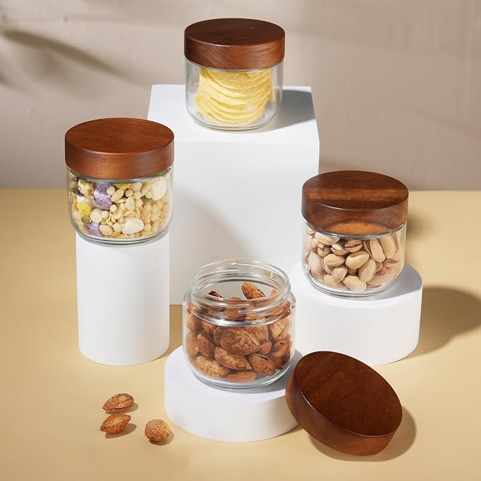 Bumobum 8 oz Glass Mason Jars with Lids, Small Glass Container with Acacia Wood Airtight Lid, Wide Mouth Canisters for Chia Pudding Loose Tea Coffee Salad Snacks Yogurt Spice, 4-Pack