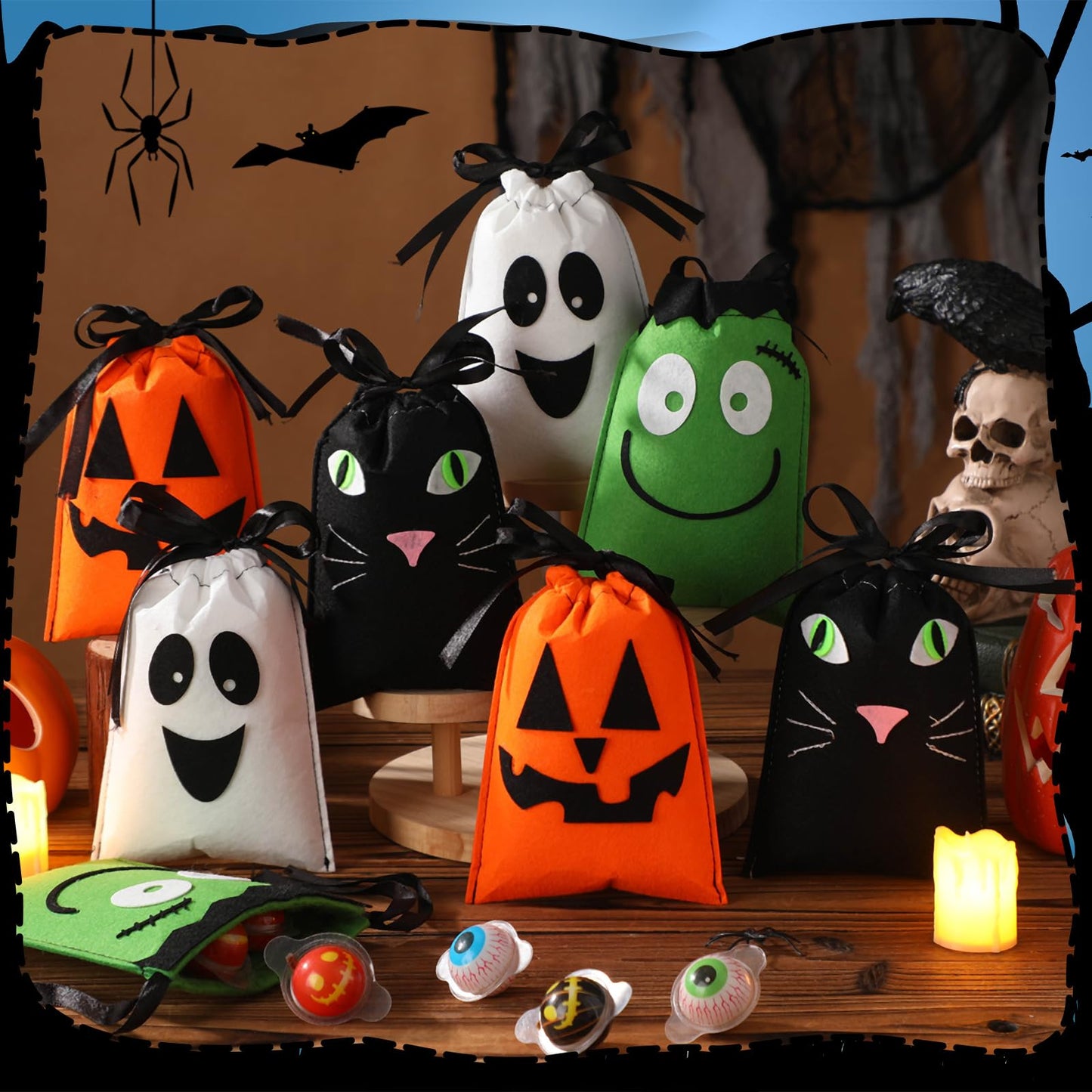 Sweetude 24 Pcs Halloween Felt Treat Bags 5 x 7'' Handmade Pumpkin Ghost Cat Monster Candy Goodie Gift Bags with Drawstrings Trick or Treat Halloween Party Favors Supplies