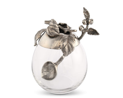 Vagabond House Honey Pot Jam Jelly Jar with Pewter Apple Lid and Spoon 4 inch Wide x 5 inch Tall