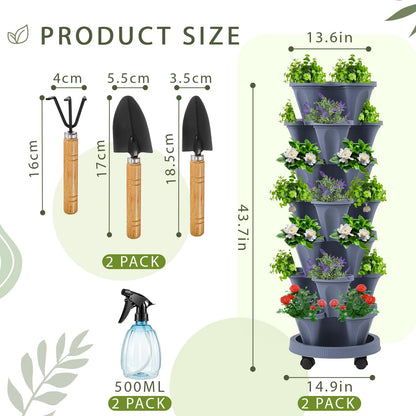 Umigy 2 Set of 7 Tier Vertical Planter Stackable Tower Planters Strawberry Herb Flower and Vegetable Pots Indoor Outdoor Gardening Pots with Removable Wheels and Tools(Dark Gray)