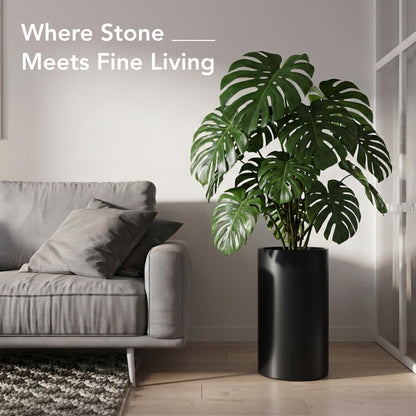KUTE NEST 19.5" H x 9.8" D Premium Tubo Fiberstone Cylinder Tall Planter with Drainage Hole, Weather Resistant for Indoor and Outdoor Use, Included 2 Extra Coco Mats (Black, 8.2" Pot Opening)