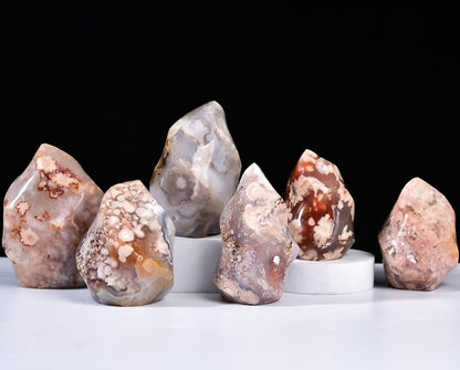 AMOYSTONE Cherry Blossom Agate Flame Shaped Stone Towers Obelisk Flower Agate Natural Healing Crystal Quartz Reiki Energy Decoration Home Office 1.0-1.5LBS
