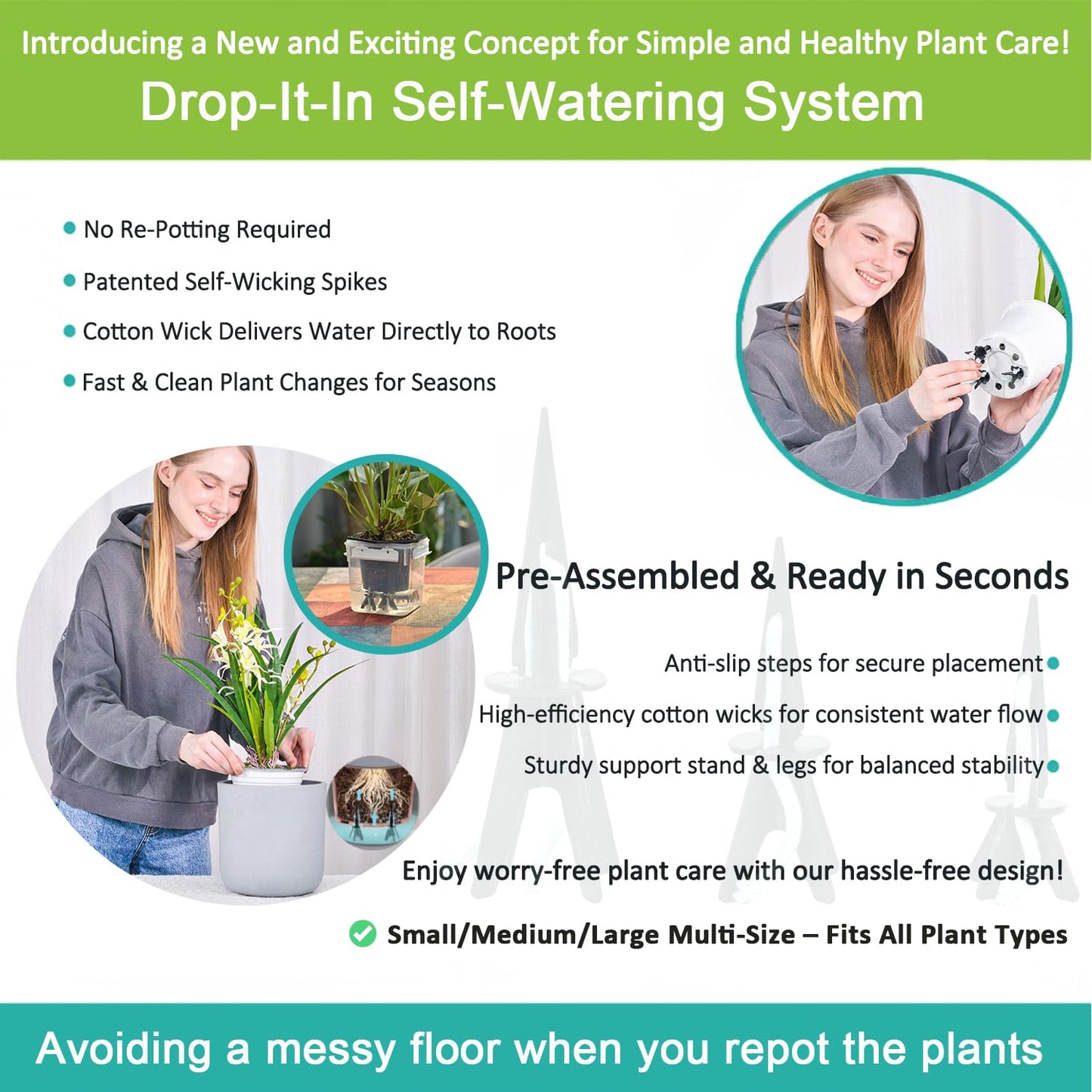 GreenShip 8 Pack Self Watering Planter Insert Watering Spikes, Watering Stakes with Wicking Rope, Plant Spikes for Indoor Outdoor Plants, Vacation Plant Watering Device for Planter Height 12" to 17"