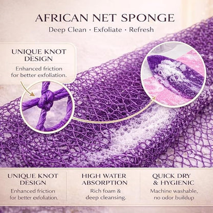African Net Sponge Authentic, 4 Pieces African Exfoliating Net Sponge Body Back Scrubber Exfoliating Washcloth for Shower Bath for All Types (Black+Olive Green+Pink+Champagne Gold, 4 Pcs)