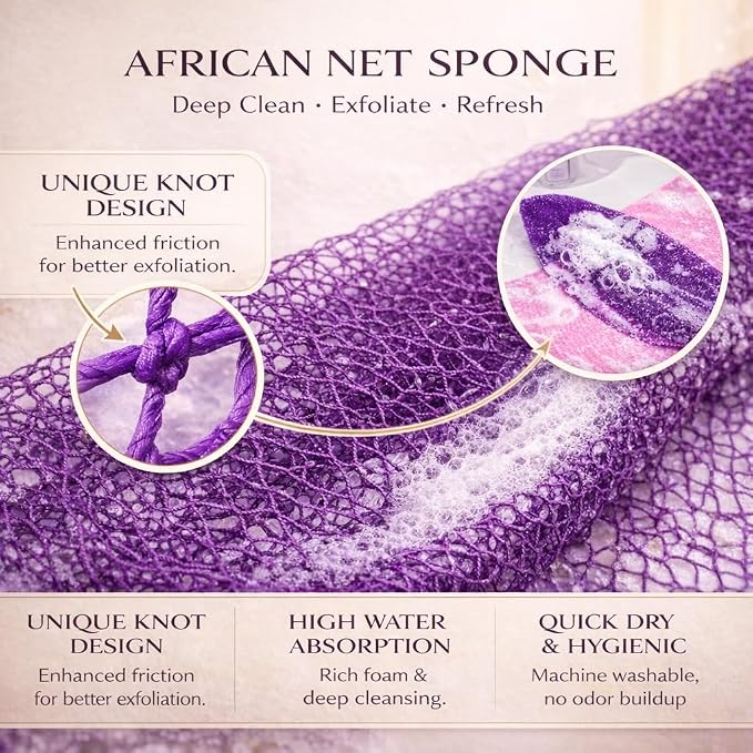 African Net Sponge Authentic, 3 Pieces African Exfoliating Net Sponge Body Back Scrubber Exfoliating Washcloth for Shower Bath for All Types (Black+Champagne Gold+Brown, 3 Pcs)