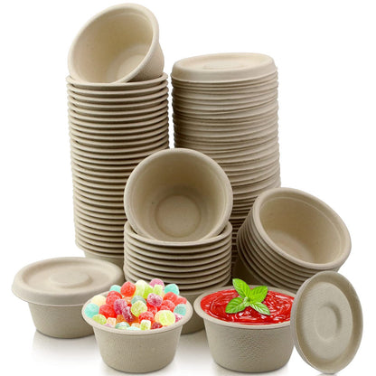Vmiapxo 100 Sets 2oz Natural Bagasse Fiber Condiment Cups with Lids, Compostable Sauce Condiment Containers Disposable Paper Dishes Serving Sample Cups for Snack Tasting Charcuterie