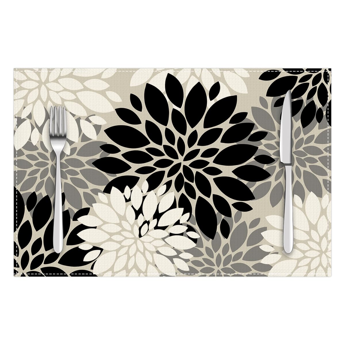 Grey Black White Dahlia Floral Placemats Set of 4, 12x18 Inch Waterproof Stain Resistant Linen Table Placemats Farmhouse Kitchen Party Decor Home Décor
