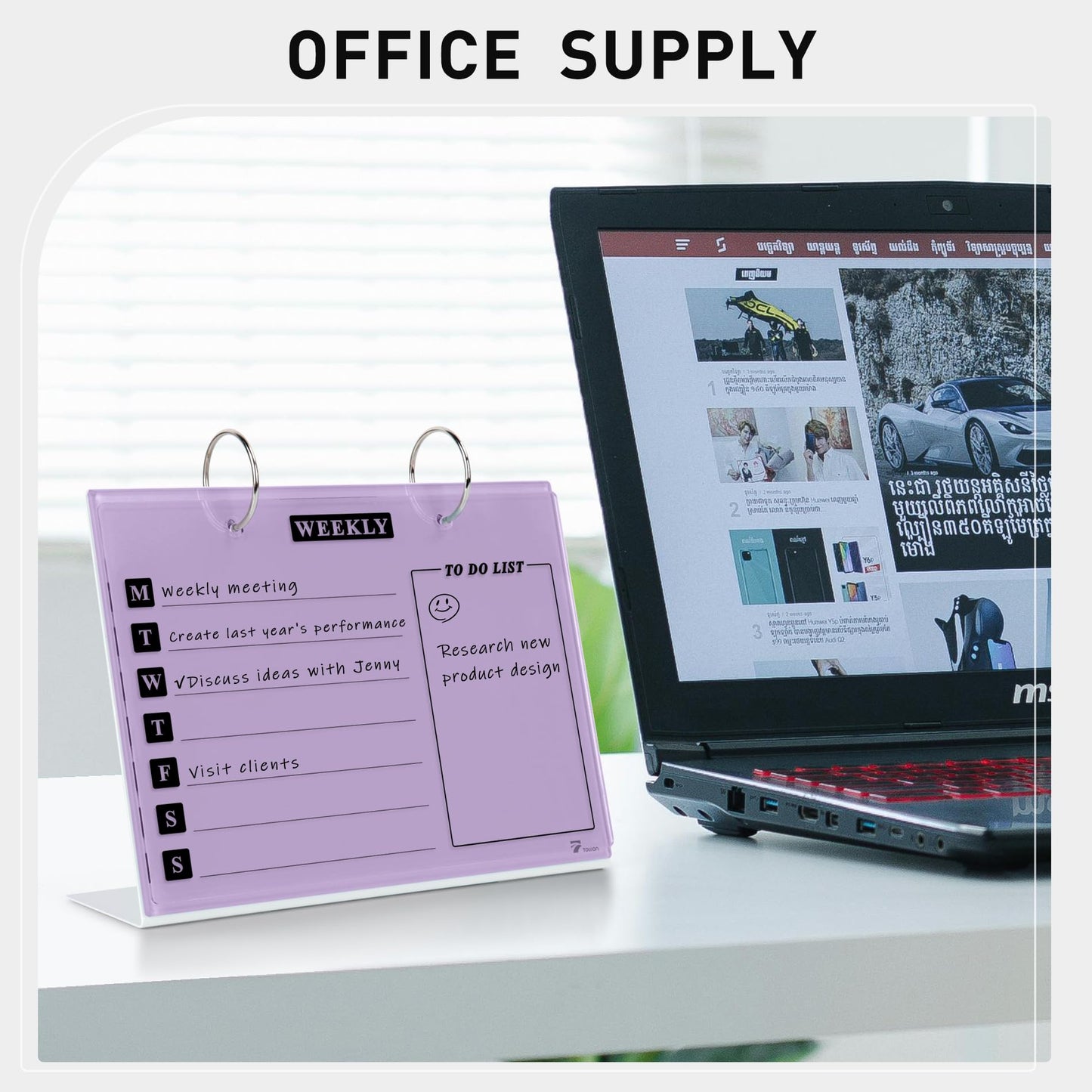 Desktop Glass Dry Erase & Acrylic Aesthetic Desk Calendar Weekly To-do List Combo, Small Magnetic Standing Whiteboard, Desk Flip Easel Calendar with Accessories for Home Office Supply, Purple, 9 x 7''