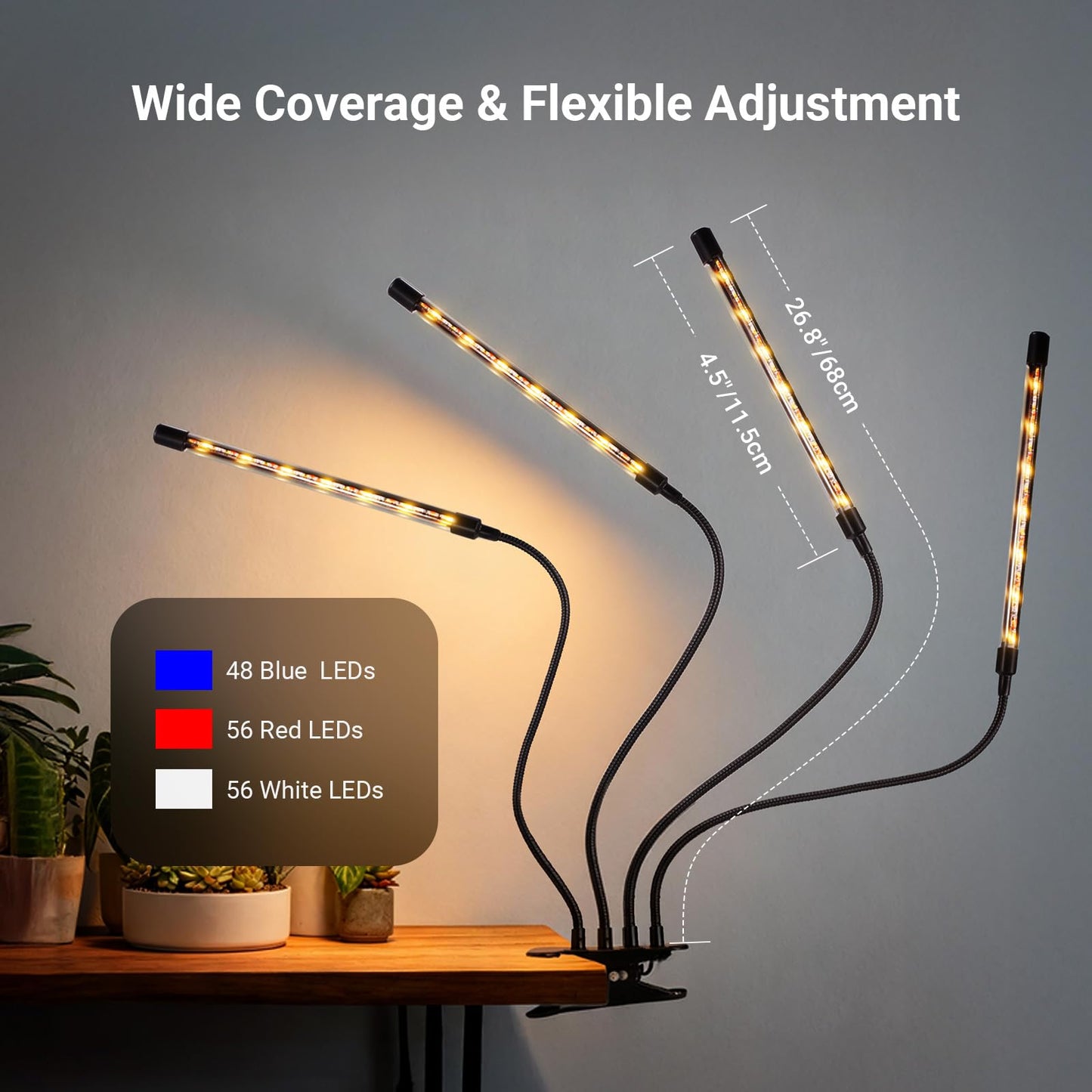 NEEWER ENTRY LEVEL VERSION Four Bar Grow Lights for Indoor Plants, Full Spectrum Clip Plant Growing Lamp with 160 Blue, Red, White LEDs, 3/9/12H Timer, Dimmable for Gardening Seed Starting Bonsai, N30