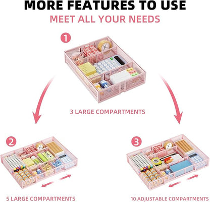 Marbrasse Expandable Desk Drawer Organizer, Mesh Tray with 10 Adjustable Compartments, Desk Organizers for Office Supplies, Makeup & Vanity (Expandable-Pink)