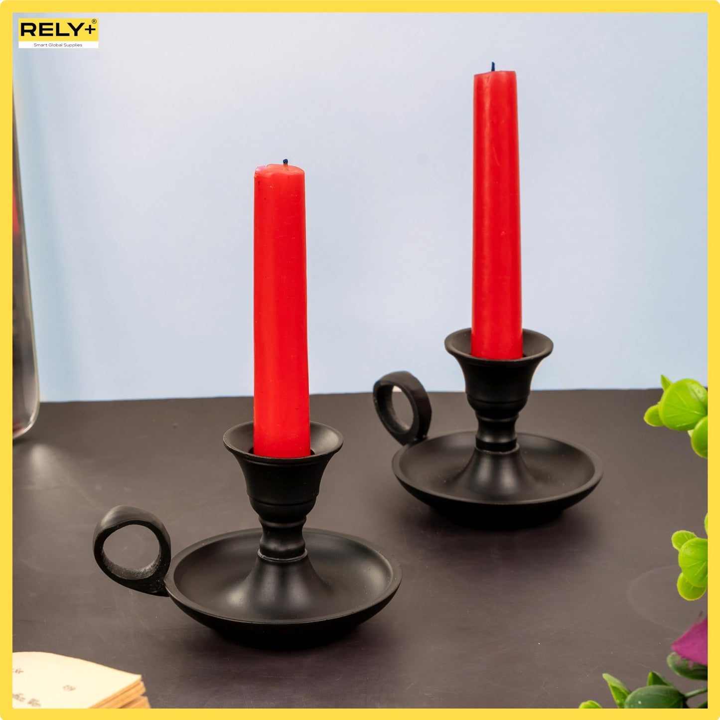 Rely+ Candle Holders with Handle for Taper Candlestick Set of 2 Modern Decor for Home Table Centerpiece for Wedding Parties Dinners Decorations (Black Matte Metal)