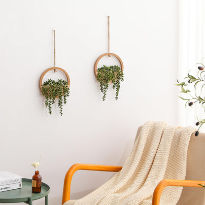 JUSTOYOU 2pcs Fake Hanging Plants Artificial Succulents Wooden Hanging Planter Artificial String of Pearls with Pot and Lanyard for Living Room Bathroom Indoor Outdoor Boho Wall Decor