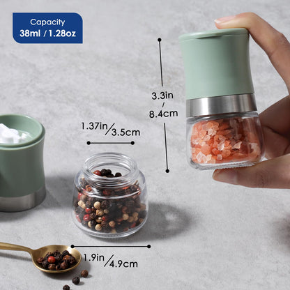 vzaahu Small Salt and Pepper Grinder Set,Green Mini Portable Refillable Spice Mills for Home, Travel, RV & Outdoor Dining,Adjustable Grinding Coarseness