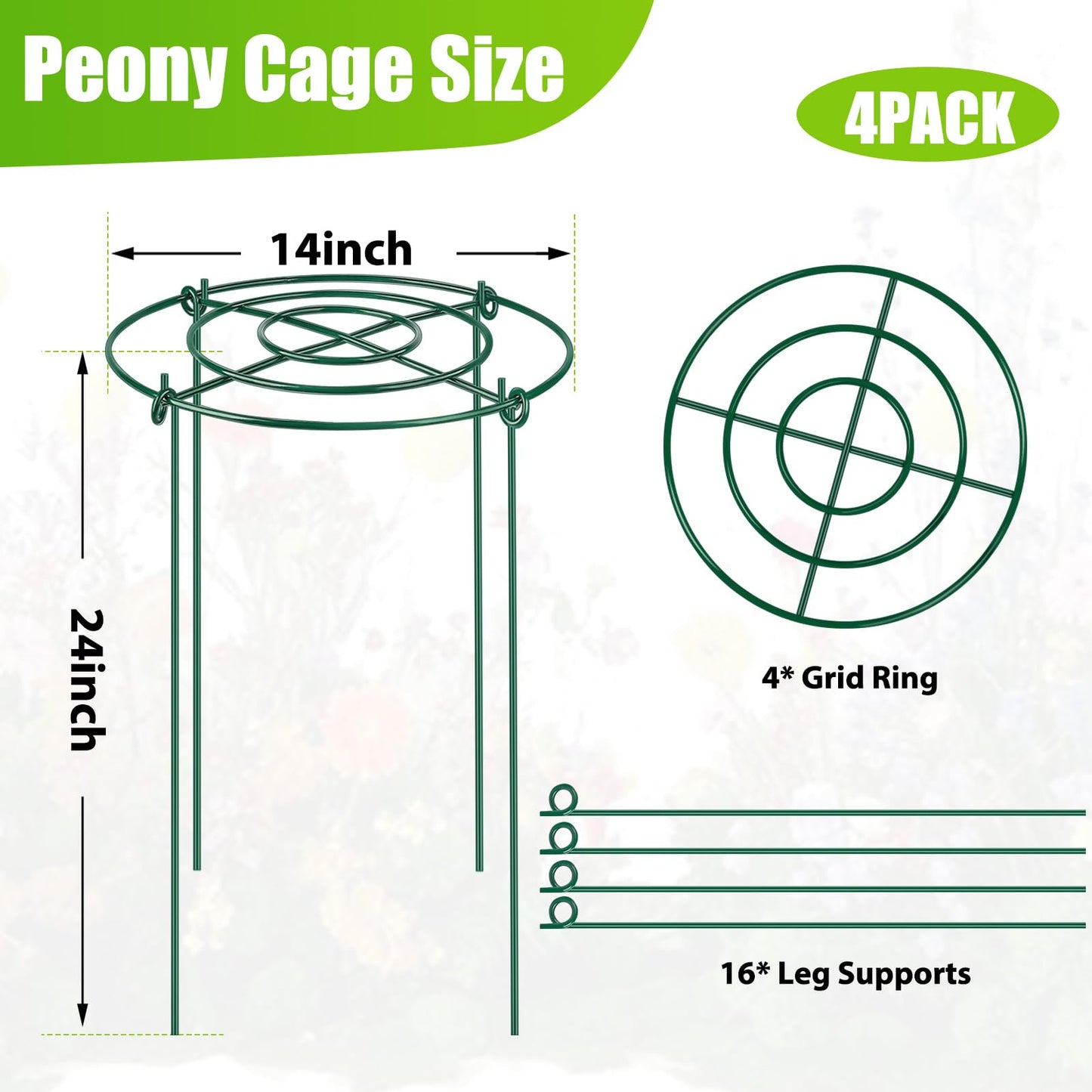 4 Pack Peony Cages and Supports, 14" Dx24 H Plant Supports for Outdoor Plants, Heavy Duty Metal Peony Support Cage Flower Support Rings, Plant Support Ring for Rose Tomato Hydrangea Strawberry
