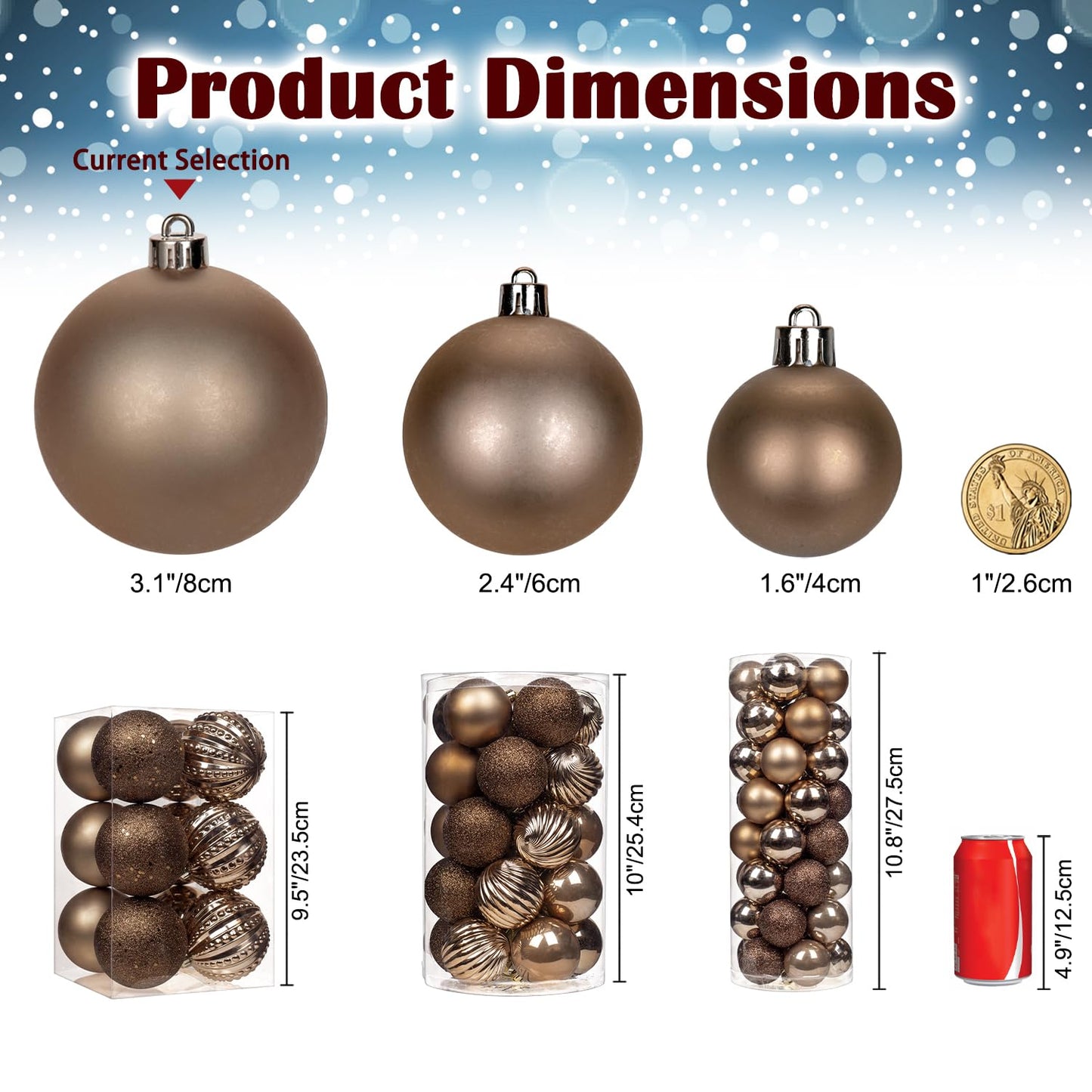 3.15" Bronze Christmas Balls Ornaments 12 Pcs Shatterproof Christmas Ornaments Set Matte Large Bronze Ornament for Xmas Tree Halloween Holiday Party