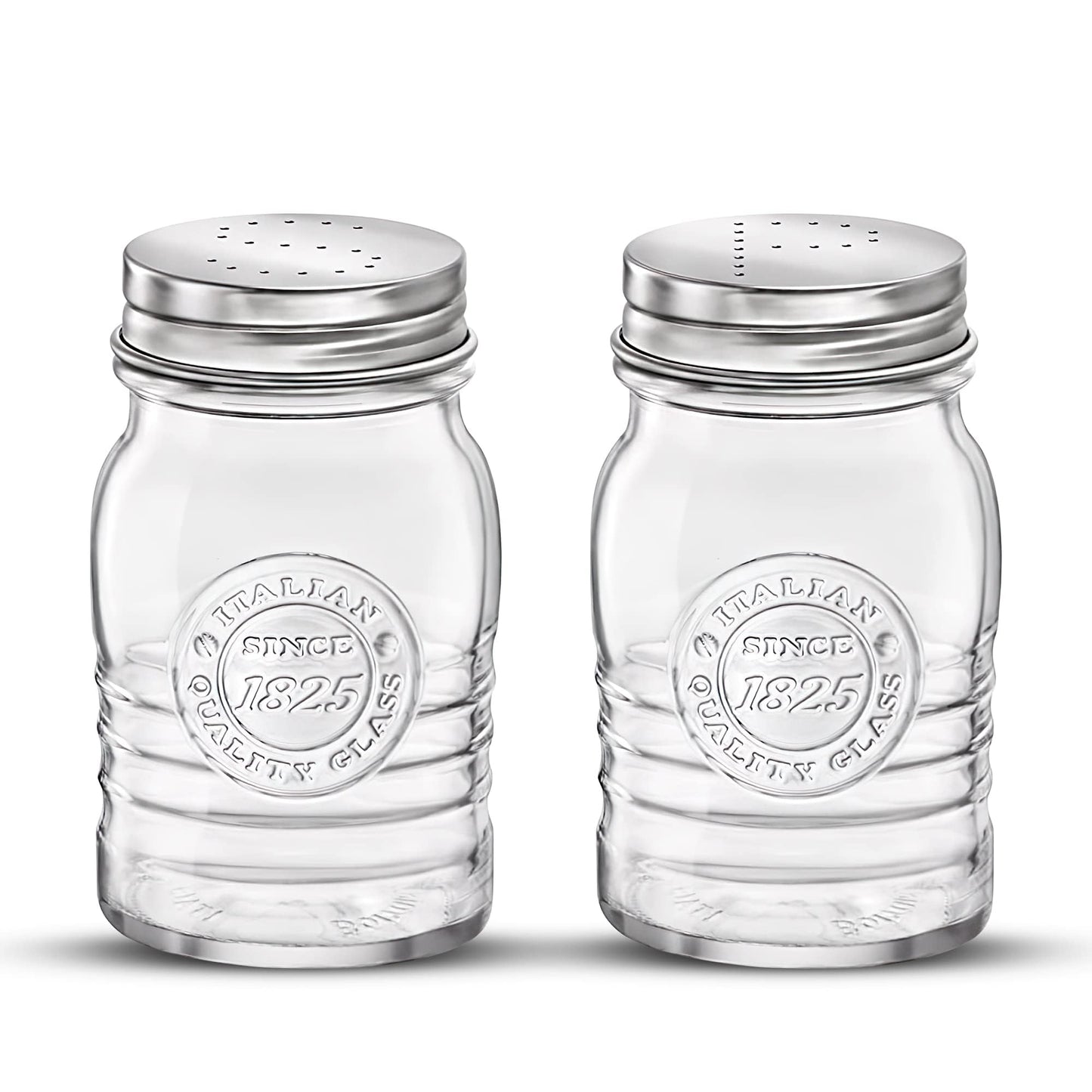 Bormioli Rocco Officina 1825 Salt & Pepper Jars Set of 2-8 Oz. Ribbed Glass Containers with Airtight Metal Lids for Seasoning, Cooking & Dining Table Use - Italian Glass Storage Design