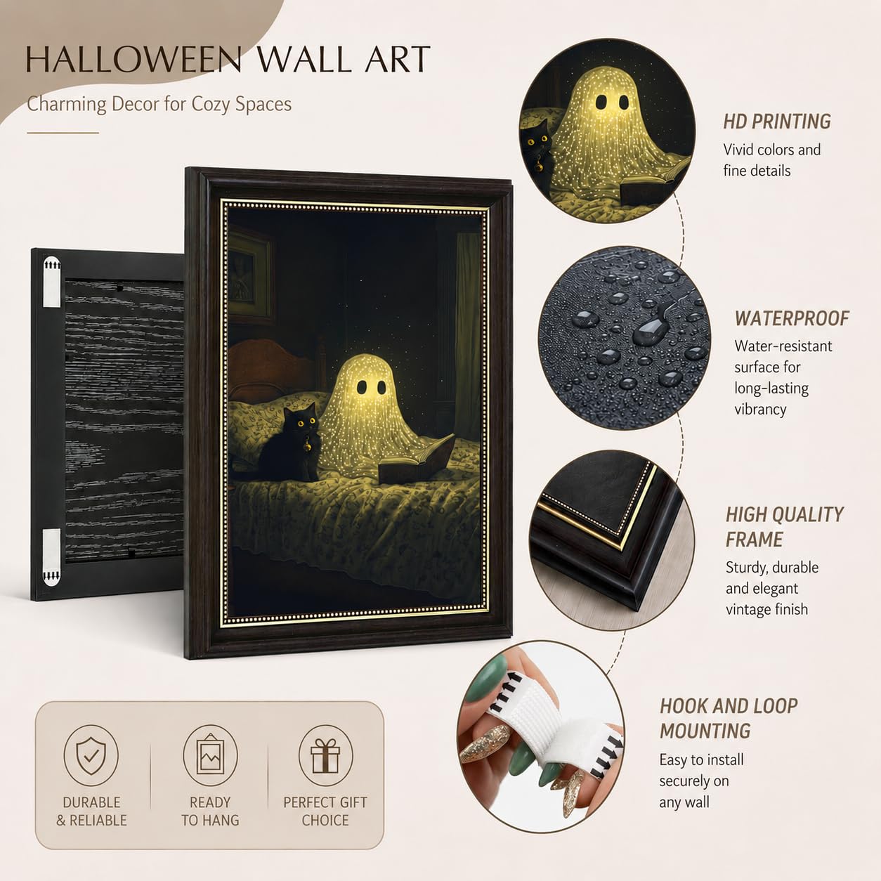 Ghost and Black Cat Wall Art 9x11, Dark Brown Framed Canvas Print, Cute Spooky Reading Ghost Picture, Halloween Bedroom Decor for Cat Lovers