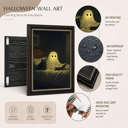 Ghost and Black Cat Wall Art 9x11, Dark Brown Framed Canvas Print, Cute Spooky Reading Ghost Picture, Halloween Bedroom Decor for Cat Lovers