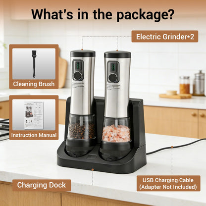 Electric Salt and Pepper Grinder Set with Rechargeable Base，Stainless Steel Automatic Refillable Electric Salt and Pepper Shakers，Large Capacity, 2-Speed Setting, LED & Adjustable Coarseness, Black