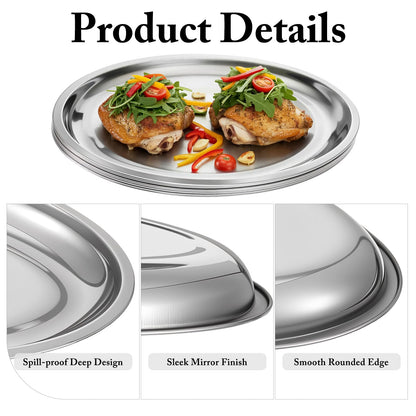 Meyeyaia 6 Pack Stainless Steel Oval Platter, Mirror Polish Large Sizzle Platter Metal Serving Tray Fish Plates, Heavy Duty Silver Tray for Steaming Fish Dessert Meat Sushi (13.7" x 8.5")