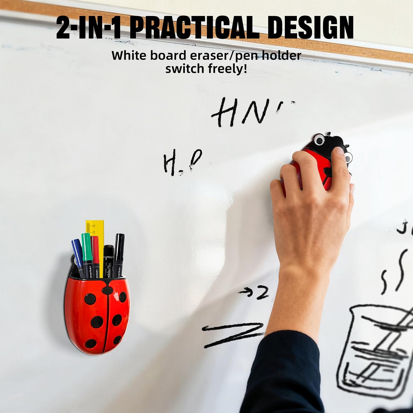 Magnetic Pen Holder for Fridge Whiteboard, 2-in-1 Magnetic Marker Holder Dry Erase Marker Whiteboard Eraser, Cute Ladybug Pencil Cup Desk Organizer for Classroom Office School Home (1-Pack)