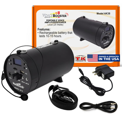 VoiceBooster Portable Voice Amplifier for Teachers - 25W Rechargeable Portable Speaker with Microphone Headset for Classroom, Tour Guide, Public Speaking, Built-in MP3 Player & FM Radio - MR-AK38
