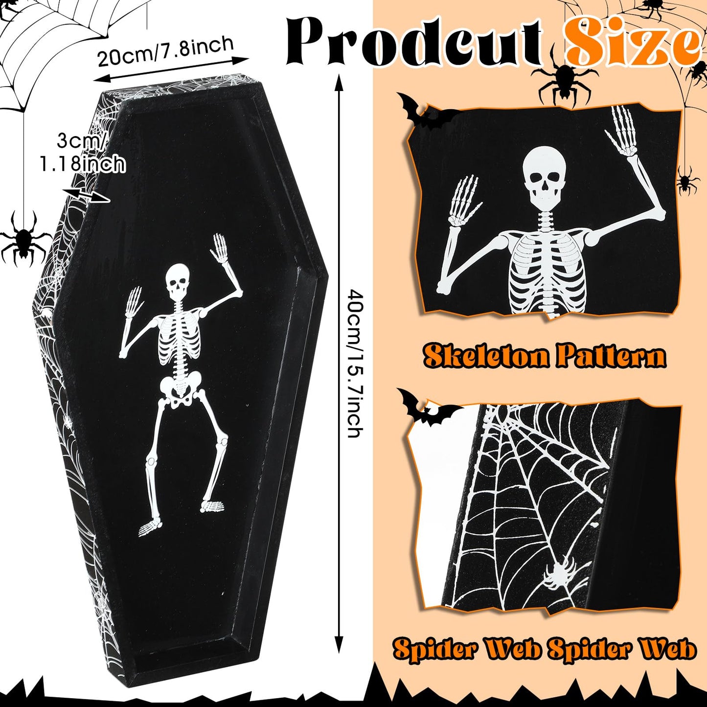Teenyyou 15.7 x 7.8 Inch Halloween Coffin Charcuterie Board Wood Coffin Serving Tray with Skeleton Spider Web Decor Halloween Black Candy Bowl Gothic Serving Box for Mantel Kitchen Accessories Party