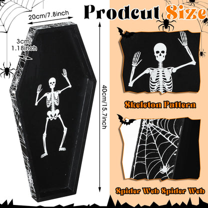 Teenyyou 15.7 x 7.8 Inch Halloween Coffin Charcuterie Board Wood Coffin Serving Tray with Skeleton Spider Web Decor Halloween Black Candy Bowl Gothic Serving Box for Mantel Kitchen Accessories Party