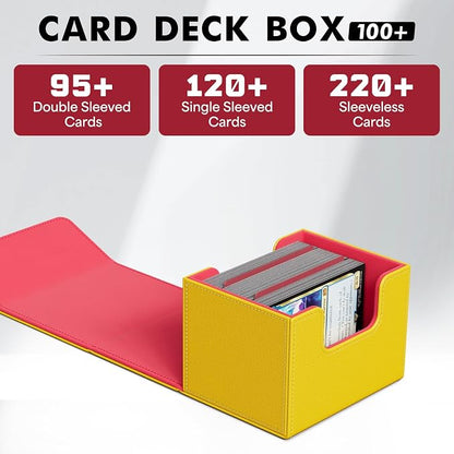 ZLCA Card Deck Box for Trading Cards, MTG Commander Deck Box Holds 120+ Single Sleeved Cards, Leather Magnetic Card Storage Box Fits for TCG CCG Magic Cards (Yellow&Red)