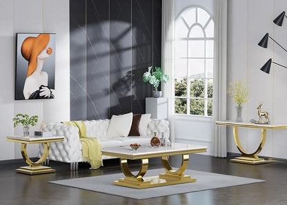 1 Piece Living Room Coffee Table Luxury Faux Marble Center Table, Modern White Gold Coffee Table with Double O Shape Stainless Steel Pedestal Base,1 Table Only