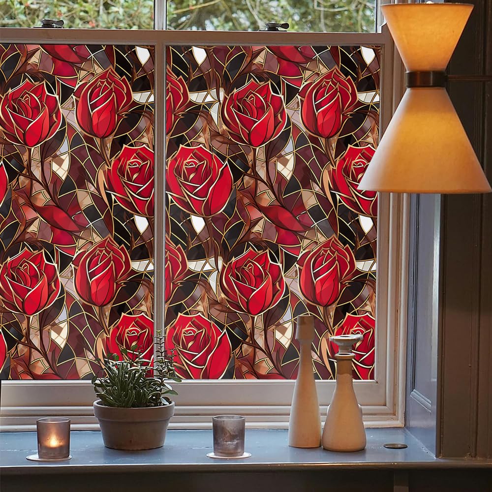 Modern Gold Red Rose Flowers Stained Glass Window Films Decorative Double-Side Privacy Film Self-Adhesive Static Clings for Living Room Bathroom Glass Windows Decor