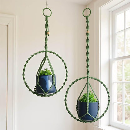 Macravine 2-Pack Handcraft Plant Hanger with Circular Ring, Hobo Art Planter Holder for Window, Macrame Plant Hanging Round, 2 Size 11.8"*23.6, 11.8 * 31.5", Green Color （No Pot and Plant Included