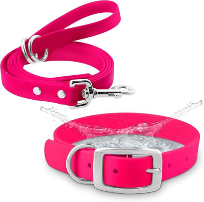 Regal Dog Products Medium Pink Waterproof Dog Collar and Leash Set | Heavy Duty Double Buckle & D Ring - 5'ft Leash | Adjustable Biothane Dog Collar | Chew Resistant Waterproof Collar for Dogs