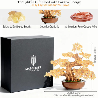 MASGEMES Citrine Chakra Tree Bonsai – Handmade Crystal Tree of Life with Natural Gemstones(360 Large Beads),Healing Crystal Office Decor for Good Luck & Positive Energy 8"
