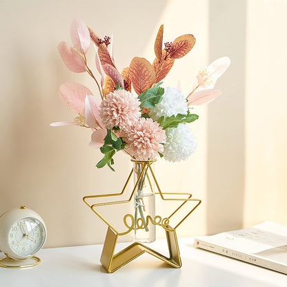 Glass Flower Vase with Metal Frame,Modern Creative Geometric Clear Vase for Flower Centerpieces Decorative,Desktop Hydroponics Vase Plant Terrarium for Home Office Decoration (Gold Star-Love)