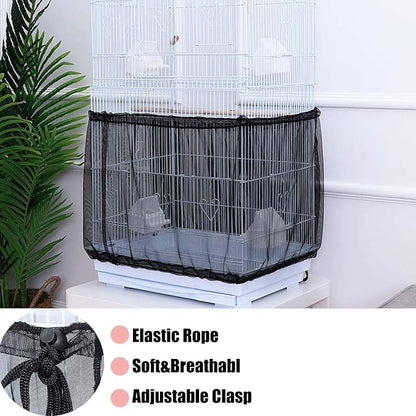 Bird Cage Seed Catcher, Large Bird Cage Cover, 75-118'' Universal Adjustable Birdcage Cover Skirt Soft Airy Nylon Mesh Net for Parakeet Macaw African Round Square Cage, Black