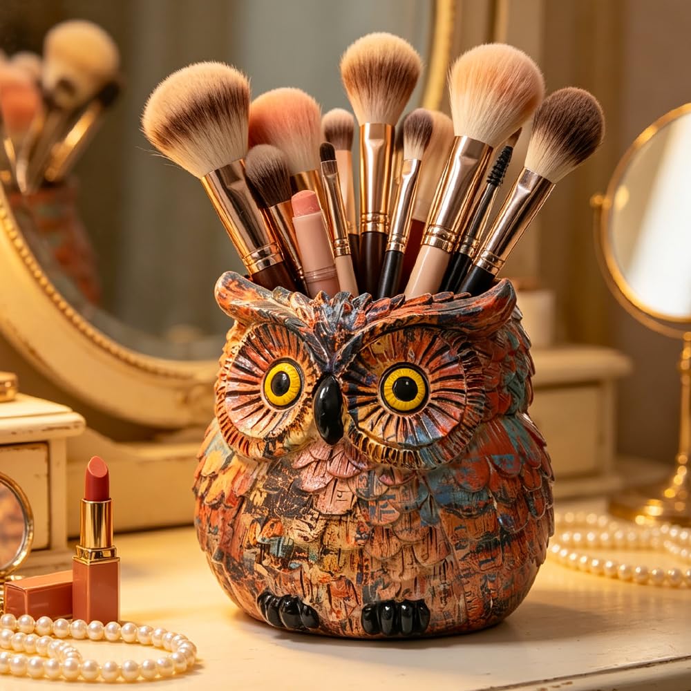 Owl Planter, Owl Plant Pot, Bird Figurine Flower Pots with Drainage for Succulent Cactus Small Herbs, Unique Makeup Brush Holder, Farmhouse Animal Statue for Home Office Decor, Garden Gifts for Women
