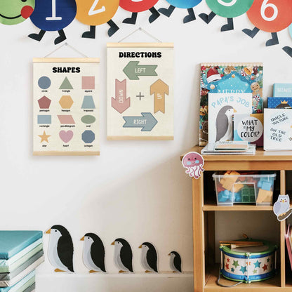 TLESKE Shapes Directions Chart Poster Hanger Frame for Toddler Kid Classroom Set of 2, Homeschool Hanging Wall Art Decor for Nursery Playroom, Preschool Prek Learning Educational Poster, 12x16