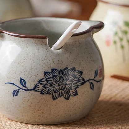 hengshukeji Sugar Bowl with Lid and Spoon,Vintage Ceramic Seasoning Jar, 10oz Stoneware Sugar Salt Holder, Glazed Condiment Container for Kitchen Counter (Lotus)