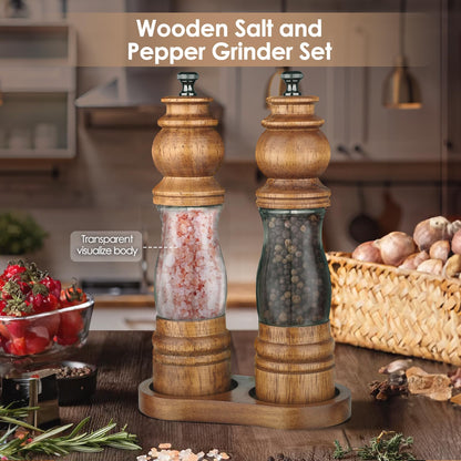 Foyucool Wooden Salt and Pepper Grinder Set with Wooden Tray and Spoon, 8 Inch Manual Salt and Pepper Mill, Adjustable Coarseness, Refillable with Ceramic Core for Spices, Clear Acrylic Chamber