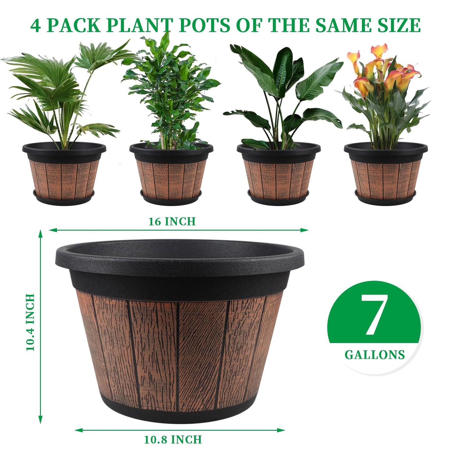 Quarut Large 4 Pack 16 inch Plant Pots,Whiskey Barrel Planters with Drainage Holes & Saucer,Plastic Decoration Flower Pots Retro Design,Planters for Outdoor Indoor Garden Balcony Plants (Brown)