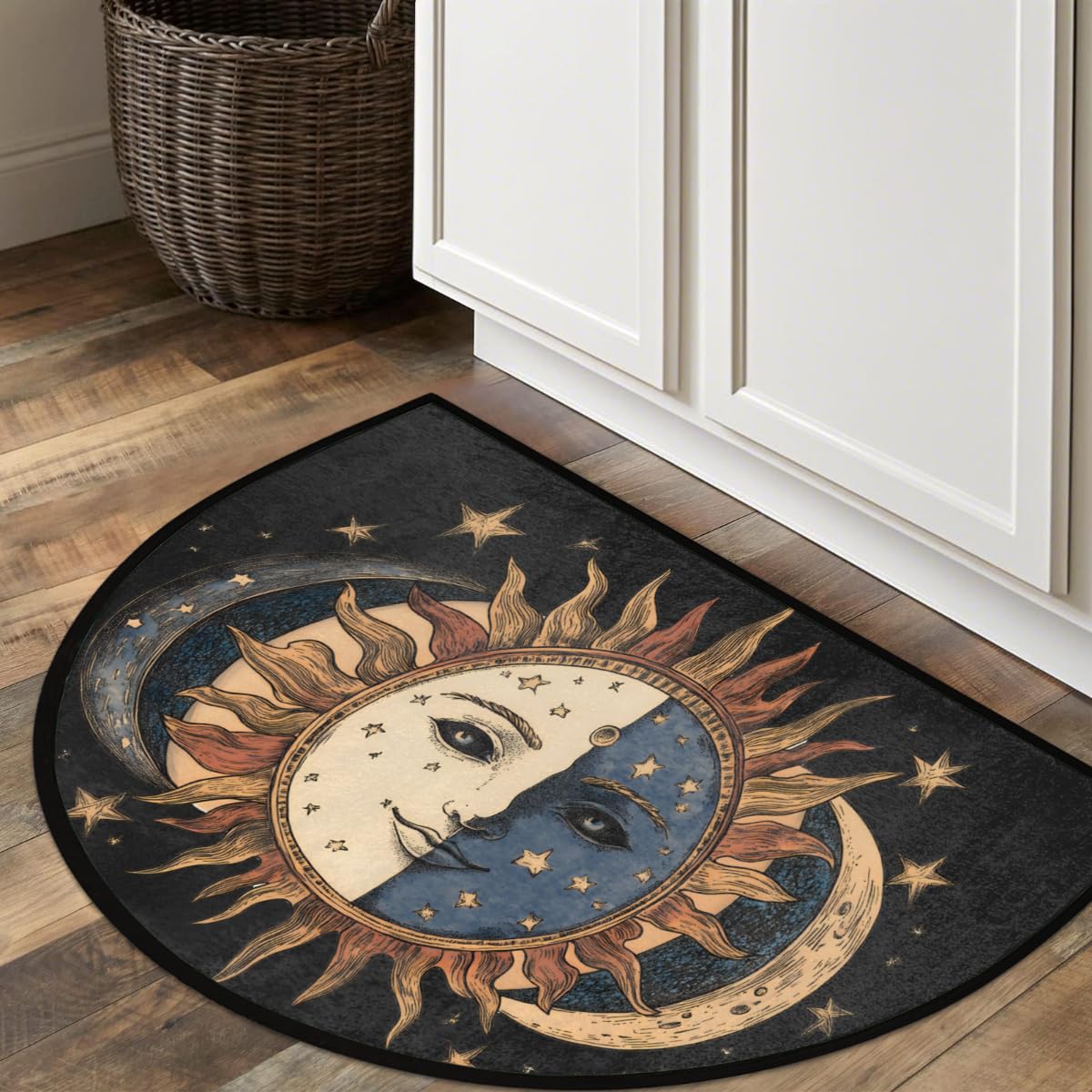 Pardick Boho Sun Moon Half Round Door Mat, Non-Slip Welcome Indoor Entrance Way Rug Semi Circle Front Doormats Washable Bathroom Kitchen Floor Mat, Outdoor Rugs for Garage, Patio, Hearth Rug