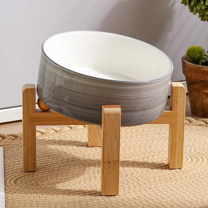 Elevated/Raised 15°Tilted Anti Slip Ceramic Dog Bowl for Medium & Large Breeds,Slanted Bulldog Big Face Pet Feeding Food Water Dish Stand for Dogs (7.6 Cups/60OZ) Grey White