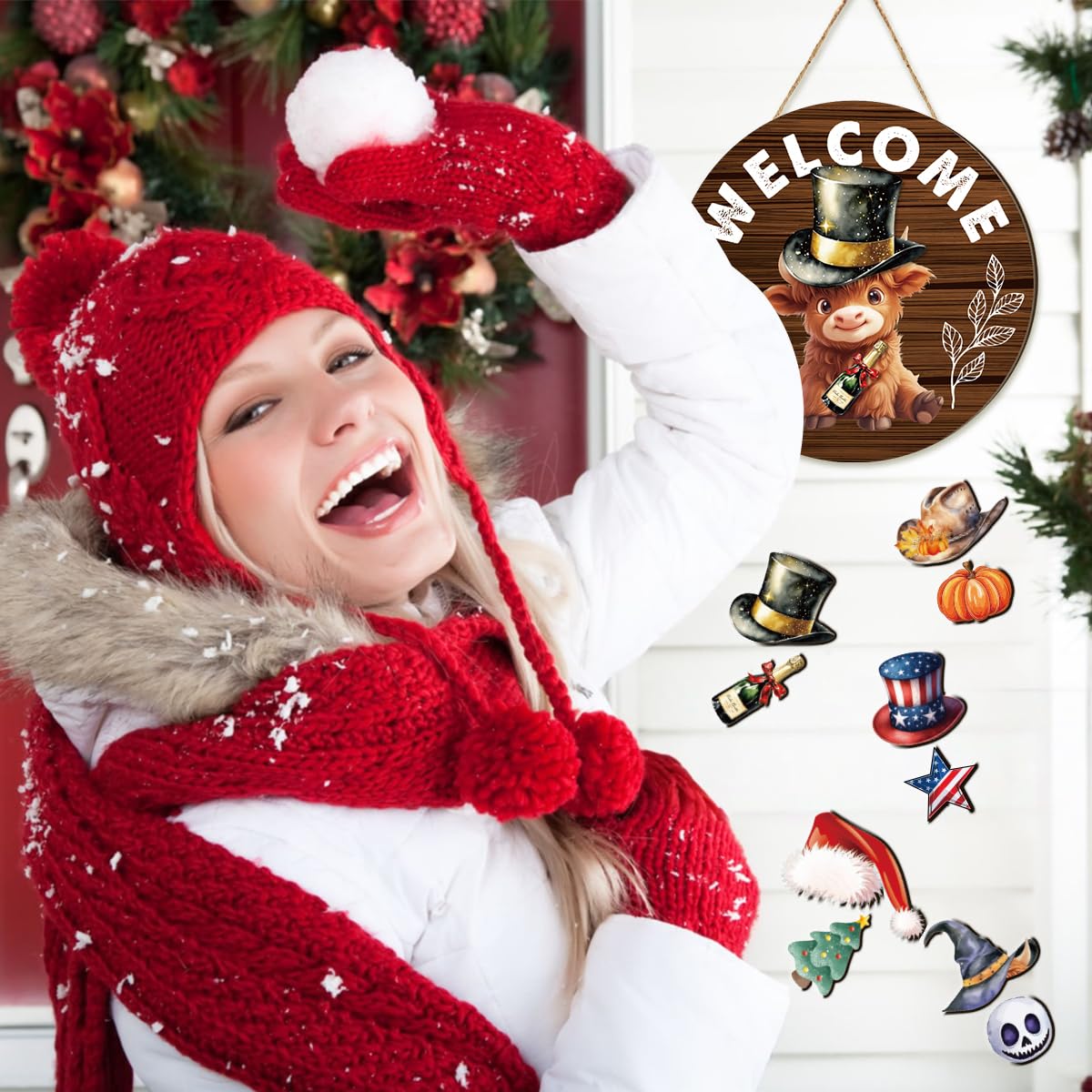 Riletese Easter Interchangeable Welcome Sign Wooden Highland Cow Seasonal Holiday Decor with Magnet Pieces and Detachable Hats Front Door Yard Home Decorations Gift (Highland Cow)