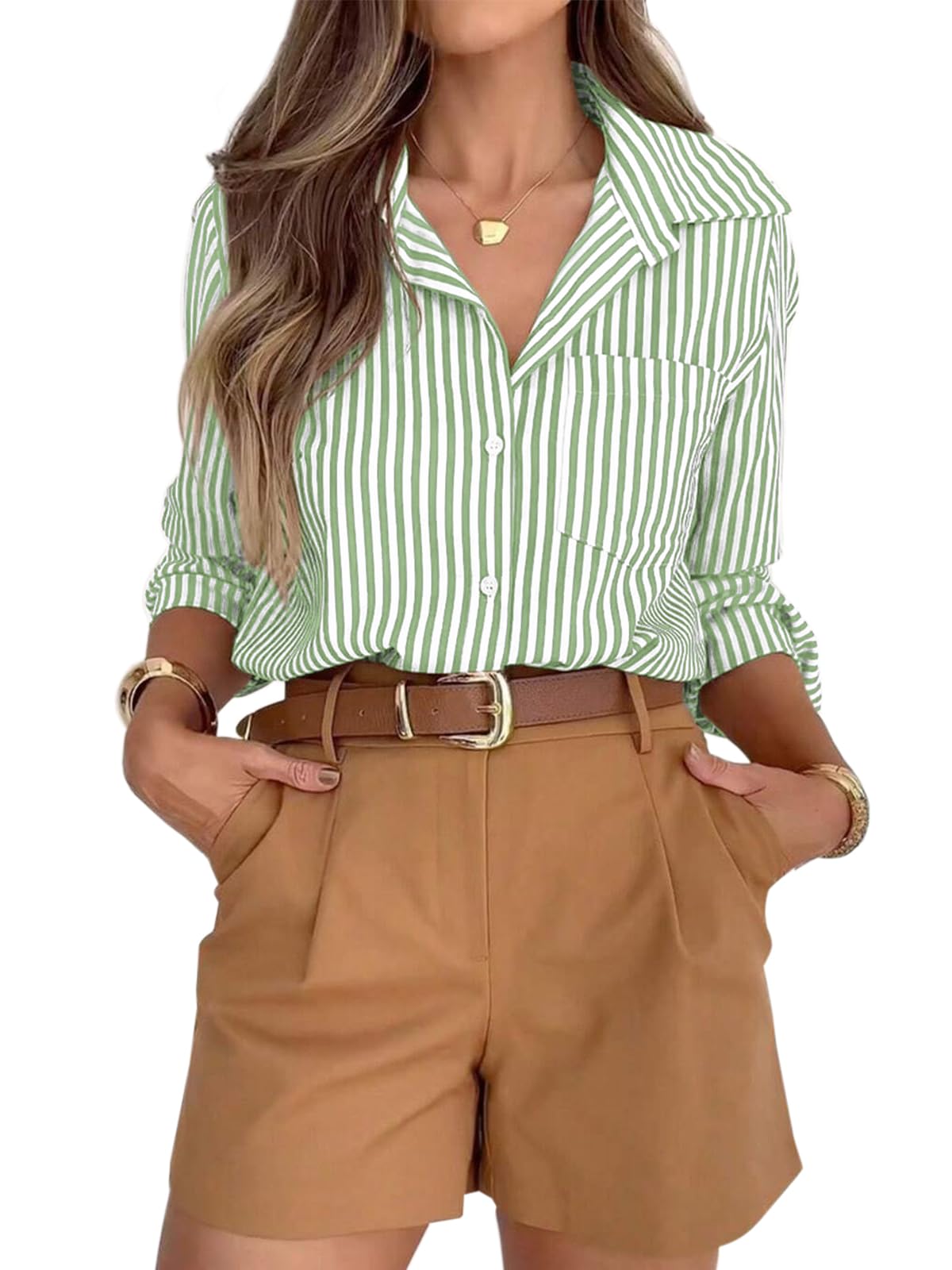siliteelon Striped Button Down Shirts for Women Dress Shirts Long Sleeve Casual Collared Office Work Shirt with Pocket