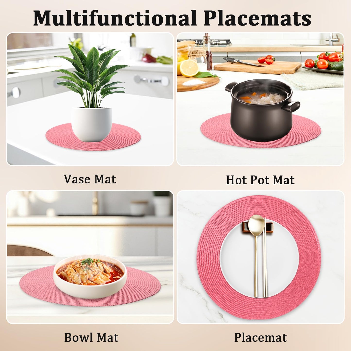 15 Inch Round Woven Placemats Set of 6, Natural Heat Resistant Washable Non-Slip Table Mats in Pink