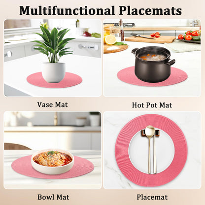 15 Inch Round Woven Placemats Set of 6, Natural Heat Resistant Washable Non-Slip Table Mats in Pink